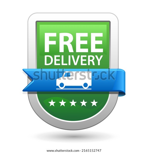 Free Delivery symbol. - Green sign with car icon.\
Badge with truck. Vector design emblem. Guarantee 100% satisfaction\
label.