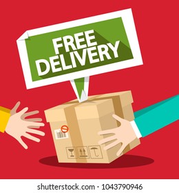 Free Delivery Symbol with Parcel and Hands. Vector Flat Design Illustration.