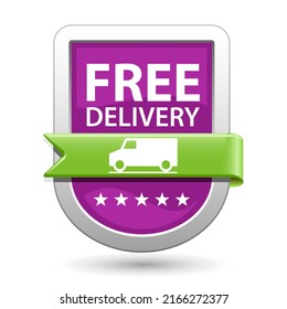 Free Delivery symbol. - Purple sign with car icon. Badge with truck. Vector design emblem. Guarantee 100% satisfaction label.