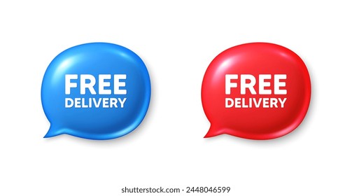 Free delivery tag. Chat speech bubble 3d icons. Shipping and cargo service message. Business order icon. Free delivery chat offer. Speech bubble banners set. Text box balloon. Vector