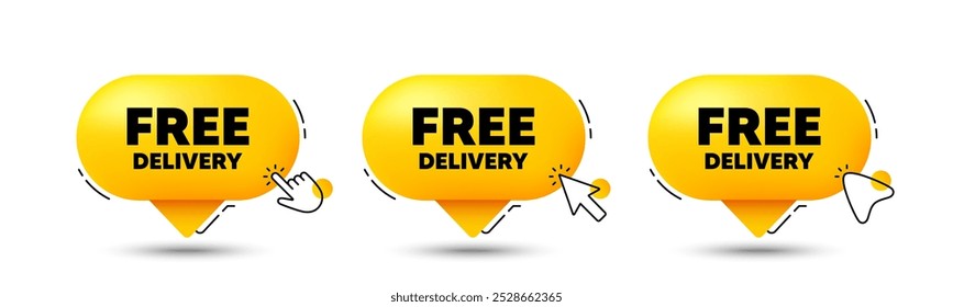 Free delivery tag. Click here buttons. Shipping and cargo service message. Business order icon. Free delivery speech bubble chat message. Talk box infographics. Vector