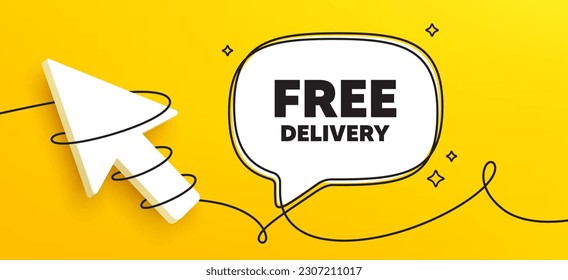 Free delivery tag. Continuous line chat banner. Shipping and cargo service message. Business order icon. Free delivery speech bubble message. Wrapped 3d cursor icon. Vector