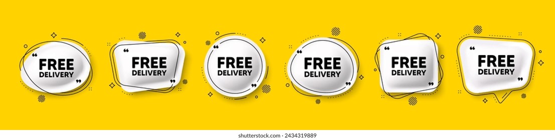 Free delivery tag. Speech bubble 3d icons set. Shipping and cargo service message. Business order icon. Free delivery chat talk message. Speech bubble banners with comma. Text balloons. Vector