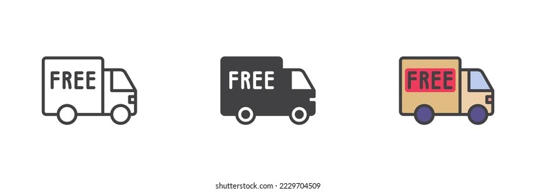 Free delivery truck different style icon set. Line, glyph and filled outline colorful version, outline and filled vector sign. Free shipping symbol, logo illustration. Vector graphics