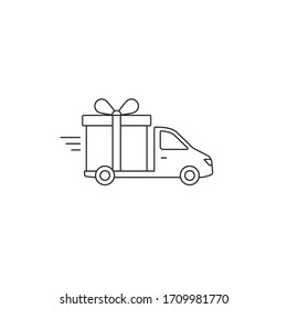 Free Delivery truck with gift box line Icon. Vector flat style illustration isolated on white.