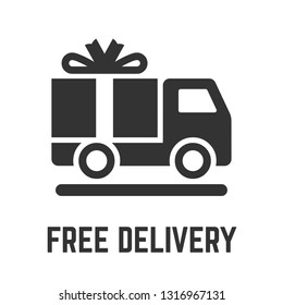 Free delivery truck icon with cargo freight lorry vehicle and gratis gift box glyph symbol. 