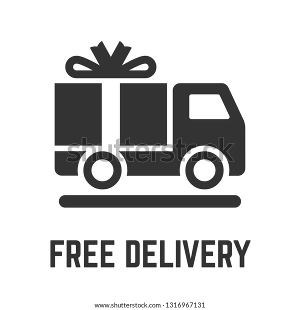 Free delivery truck icon with\
cargo freight lorry vehicle and gratis gift box glyph symbol.\
