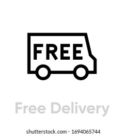 Free Delivery Truck icon. Editable line vector. Transportation car van element with text. Single pictogram.