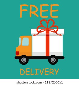 Free delivery truck with present and red ribbon. Shipping cost vector