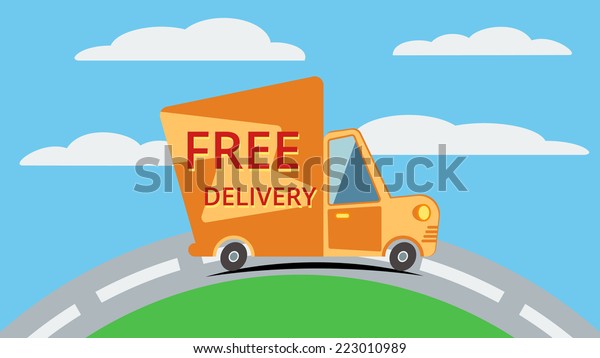 Free delivery van goes on the road with\
clouds.Template vector\
concept.