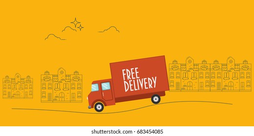 Free Delivery van or lorry vector banner or background in a flat style.