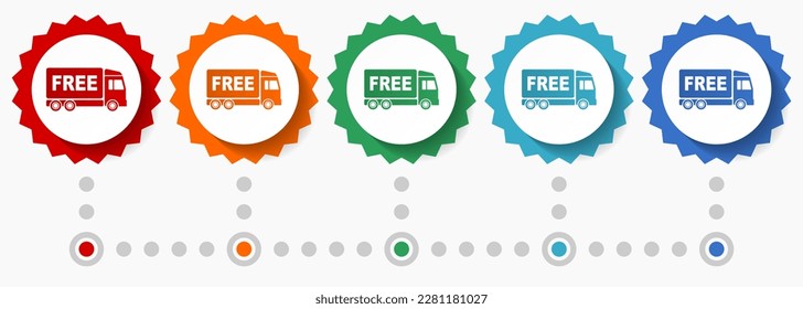 Free delivery vector icon set, colorful infographic template, set of flat design badge icons in 5 color options