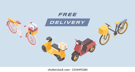 Free delivery vector isometric banner template. Cartoon bicycles, scooters and motorbikes illustrations. Express urban goods shipment, fast food delivery service advertising poster design
