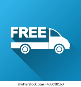 Free Delivery vector toolbar icon for software design. Style is a white symbol on a square blue background with gradient long shadow.