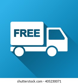 Free Delivery vector toolbar icon for software design. Style is a white symbol on a square blue background with gradient long shadow.