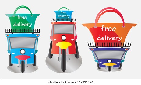 Free delivery word on shopping bag top of tuktuk taxi