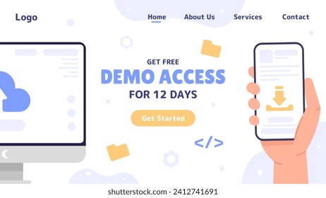 Free demo access poster. Hand with smartphone near computer. Synchronization and access for servers. Free mobile application version. Landing page design. Cartoon flat vector illustration