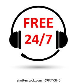 Free dial for 24 hours 7 days icon. Call center icon isolated on white background with shadow. EPS10 vector illustration for web, logo, symbol, template, banner, poster, business, technical service.