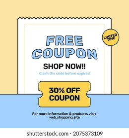 Free discount coupon for shopping sale promotion template design. Voucher code gift social media poster vector illustration design