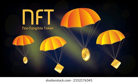 Free distribution of collectible NFT non fungible token with golden coins on parachutes on dark blue background. Vector illustration.