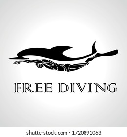 Free diver and dolphin. Freediving logo vector illustration