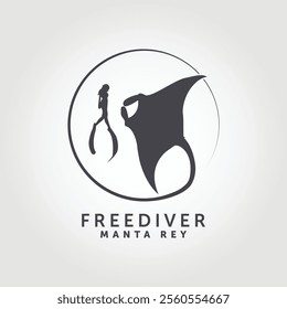 free diver and manta ray diving logo design.