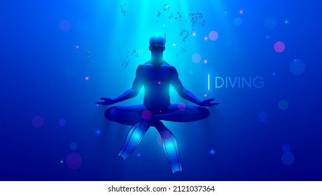 Free diver relaxation or meditation underwater in sea. Free diving in ocean. Man in flippers snorkeling undersea. Sun rays underwater illuminate сalm free diver in lotus position in zen harmony subsea