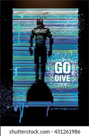 Free diver under water with monofin. Style of colorful paint dripping lines. Sport vector illustration