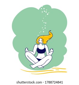 Free Diving Activity. Relaxed Girl Meditating on Lotus Posture on Ocean Bottom. Woman Freediver Relaxing on Exotic Resort. Young Female Character Underwater Yoga Recreation. Linear Vector Illustration