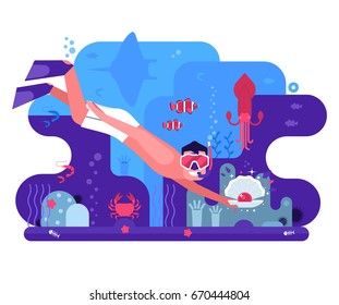 Free diving concept background with pearl diver finding shell on sea bottom. Underwater world scene banner with snorkeler man searching treasures on seabed among ocean life on coral reef background.