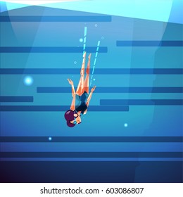 Free Diving girl in. diving into the bottom. ocean or sea diving - vector illustration