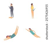 Free diving icons set cartoon vector. Active young people diving and swimming. Water sport