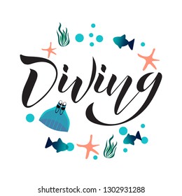 Free diving illustration. Vector illustration of logo freediving club. Lettering typography poster. Concept for shirt or logo, print. EPS 10