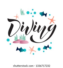 Free diving illustration. Vector illustration of logo freediving club. Lettering typography poster. Concept for shirt or logo, print. EPS 10