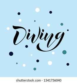Free diving on the blue background. Vector illustration of logo freediving club. Lettering typography poster. Concept for shirt or logo, print. EPS 10