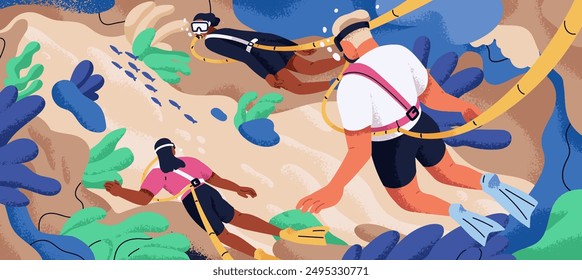 Free diving and underwater swimming. People divers, under water swimmers hanging, anchoring on ropes with goggles. Exploring coral reefs, seabed and marine landscape. Flat vector illustration