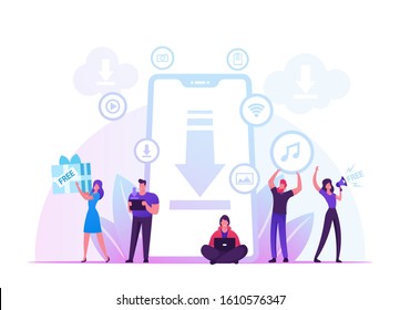 Free Download Concept. Characters around of Huge Smartphone Transfer and Sharing Files Using Torrent Servers Services. Online Media Shopping, Modern People Lifestyle. Cartoon Flat Vector Illustration