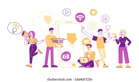 Kostenloses Download-Konzept. Zeichnet mit Torrent Server Services enorme Smartphone-Transfer- und -Freigabedateien aus. Online Media Shopping, Modern Lifestyle Cartoon Vektorillustration Illustration Line Art