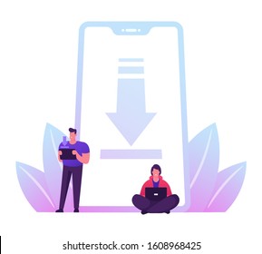 Free Download Concept. People Characters Stand at Huge Mobile Phone with Upload Sign on Smartphone Screen. Torrent Data Piracy From Servers. File Transfer and Sharing. Cartoon Flat Vector Illustration