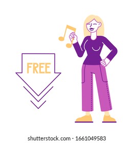 Free Download Concept. Woman Holding Music Icon in Hand. Stream or Upload Torrent Data from Servers, Online Media Content Share Network Internet Technologies Cartoon Flat Vector Illustration, Line Art