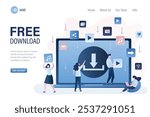 Free download landing page template. Background with upload sign on laptop screen. Torrent data piracy from servers. File transfer and sharing concept banner. Trendy style vector illustration