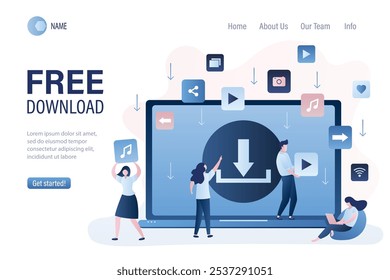 Plantilla gratuita de la página de aterrizaje de la Descarga. Fondo con el signo del Cargar en la pantalla del ordenador portátil. Piratería de datos de torrents desde servidores. Anuncio de concepto de transferencia y uso compartido de archivos. Ilustración vectorial de estilo de moda
