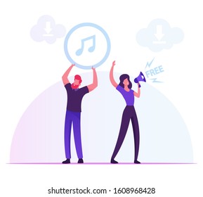 Free Download Services and Internet Content Piracy Concept. Woman Crying to Loudspeaker, Man Holding Music Icon above Head People Using Torrent for Transfer Files. Cartoon Flat Vector Illustration