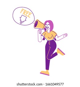 Free Download Services and Internet Content Piracy Concept. Woman Crying to Loudspeaker, People Using Torrent for Transfer Files. Internet Technologies Cartoon Flat Vector Illustration, Line Art