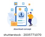 free download system concept, internet, updating, installation, man with smartphone downloading document, flat illustration vector  