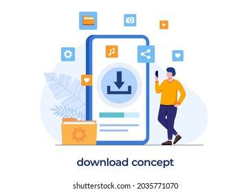 Kostenloses Download-Systemkonzept, Internet, Aktualisierung, Installation, Mann mit Smartphone-Download-Dokument, Flachgrafik-Vektorgrafik  