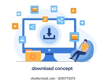 concepto de sistema de descarga gratuita, internet, actualización, instalación, hombre con documento de descarga de laptop, vector de ilustración plana