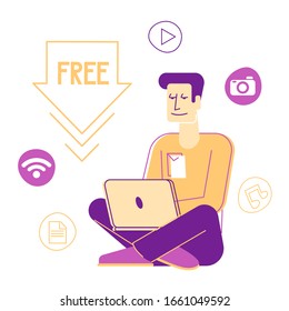 Free Download, Torrent Data Piracy from Servers Concept. Young Man Computer User Downloading, Transfer and Sharing Files in Internet Gratis. Information Tech Cartoon Flat Vector Illustration, Line Art