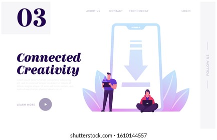 Free Download Website Landing Page. People Characters Stand at Huge Mobile Phone with Upload Sign on Smartphone Screen. Torrent Data Piracy Servers Web Page Banner. Cartoon Flat Vector Illustration