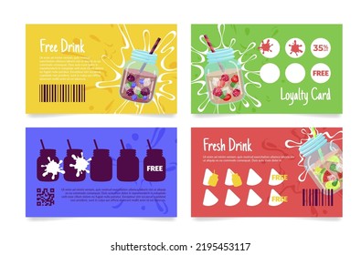 Free drink stamp sticker collected and get gift loyalty card set vector illustration. Buying summer cocktail beverage blank bonus coupon cafe restaurant marketing special offer creative discount flyer
